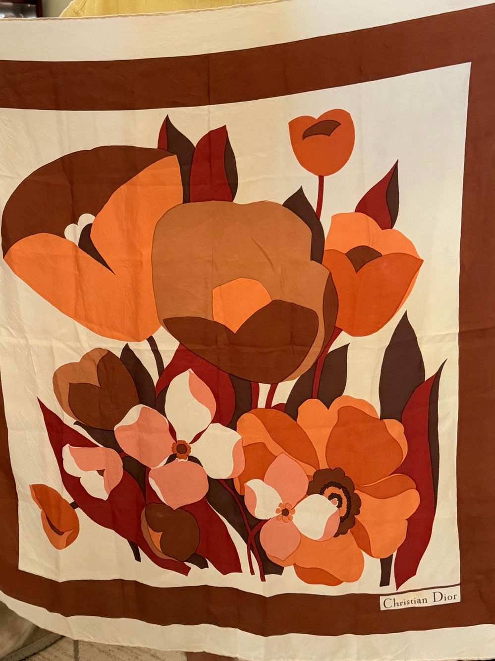 Dior Silk in Orange, Brown and Cream Floral Scarf